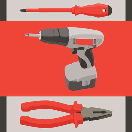 Flat instruments tools set on red and grey background - screwdriver, drill and pliersのイラスト素材