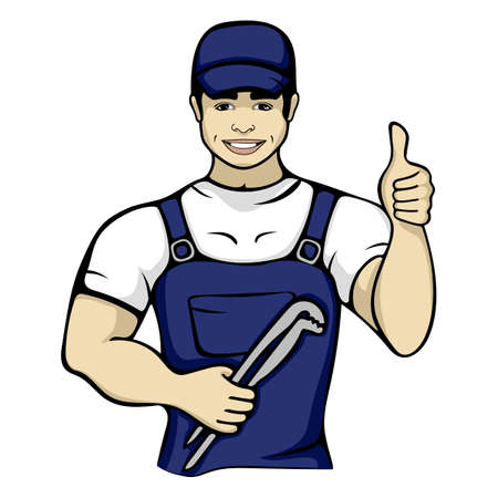 Cartoon plumber holding a monkey wrench. Isolated vector illustration of a worker service handyman character person in a blue capのイラスト素材