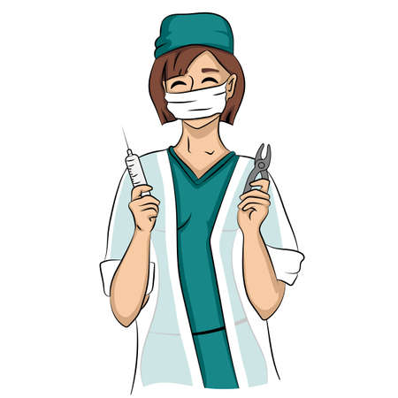 Sexy dentist woman holds syringe and tongs. Young shy female nurse doctor smiling isolated on a white backgroundのイラスト素材
