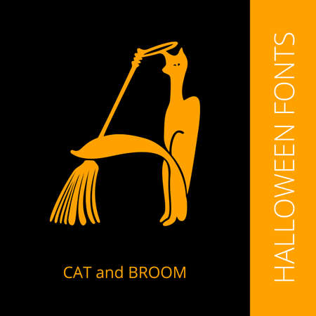 Halloween design vector font letter A consist of cat and broom. Spooky and Magical Alphabetのイラスト素材
