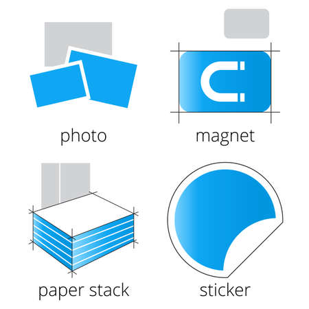 Printing shop services blue icons set with photo, magnet, paper stack and sticker isolated on white background. Part 5のイラスト素材