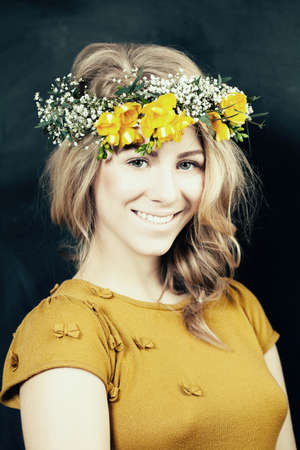 Young beautiful woman fashion model with fashionable hairstyleの写真素材