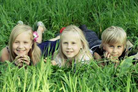 kids in summer grassの写真素材