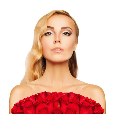 Blond Woman with Red Roses Flowers Isolatedの写真素材