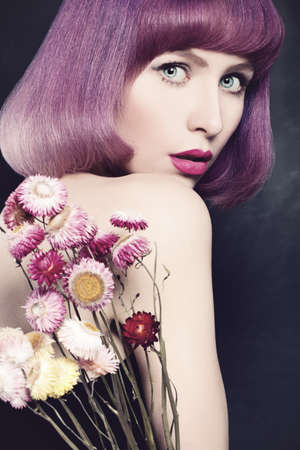 Beautiful Woman with Purple Coloring Hair. Fashion Bob Haircutの写真素材