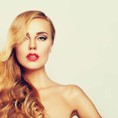 Beautiful Woman with Healthy Skin and Long Blond Hairの写真素材