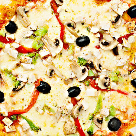 Pizza with Vegetable. Cheese, Broccoli, Pepper, Mushroom and Olives. Food Backgroundの写真素材
