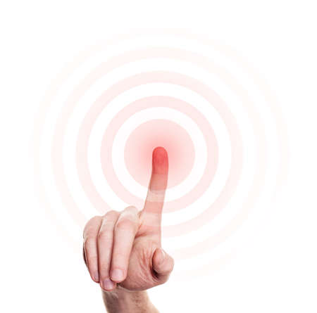 Hand Press on Red Button on White Backgroundの写真素材