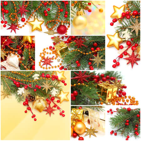 Christmas background - set of red decoration, gold star, Xmas tree branch, holly berry and garlandの写真素材