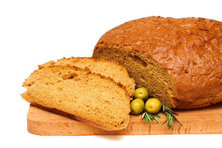 cut bread, rosemary, olives and wooden board isolated on a white backgroud