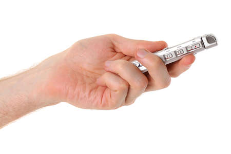 Male hand holding dictaphone. Isolated on whiteの写真素材
