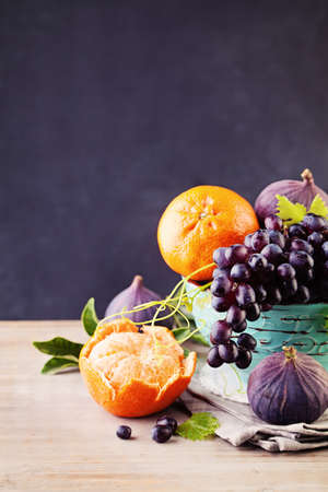 Colorful Fruit on Blackboard Background. Bio Food, Healthy Eatingの写真素材