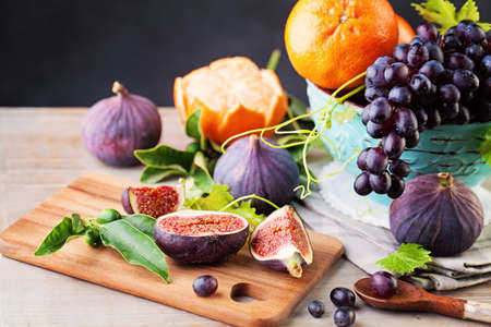 Summer Fruit Background with Grape, Orange and Figs. Healthy Foodの写真素材