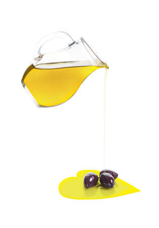Olive Oil and Olives in Heart of Olive Oil Isolated on White Backgroundの写真素材