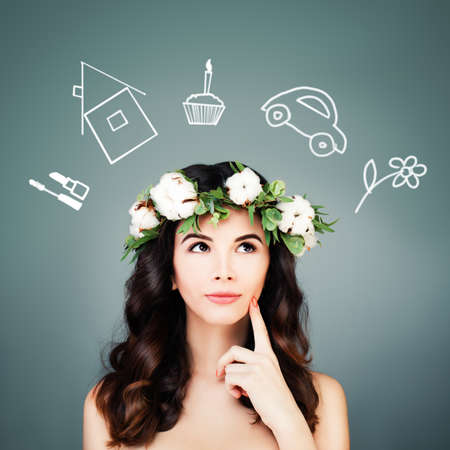 Cute Woman Choosing Things. Choice conceptの写真素材