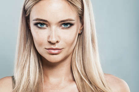 Beautiful Blonde Woman with Natural Makeup, Blonde Hair and Freckles. Natural Beautyの写真素材
