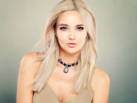 Beautiful Blonde Woman Fashion Model with Makeup and Blonde Hair, Natural Beautyの写真素材
