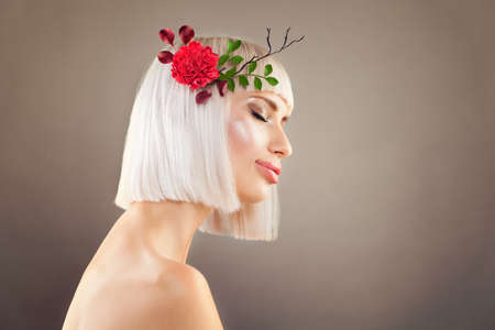 Cute Woman with Blonde Bob Hairstyle on Banner Background. Beautiful Model with Brown Hair and Cute Face. Beauty Salon Backgroundの写真素材