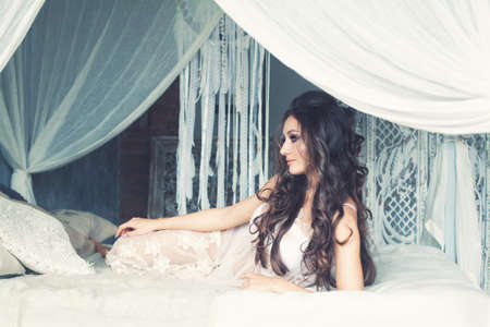 Perfect Glamourus Fashion Model Woman in White Interiorの写真素材