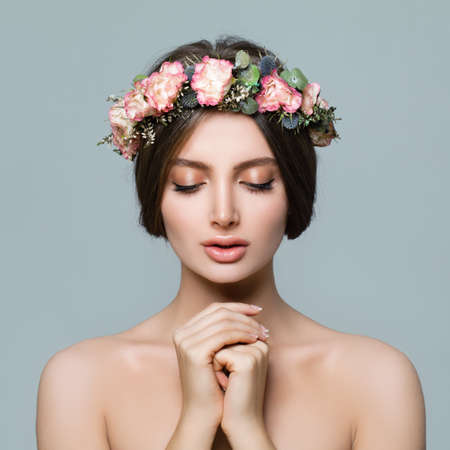 Beautiful Female Face. Healthy Woman with Clear Skin, Spa and Skincare Conceptの写真素材