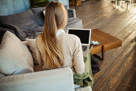 Female Back and Laptop. Young Woman Using Laptop at Homeの写真素材