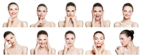 Collage of negative and positive female face expressions. Set of young woman expressing different emotions and gesturing isolated on white backgroundの写真素材