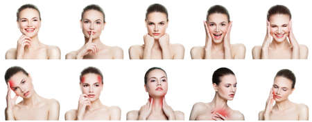 Collage of young woman expressing different emotions, gesturing, negative and positive female face expressions isolated on white backgroundの写真素材