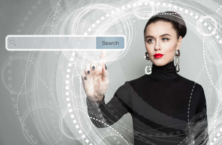 Pointing female hand. Student woman with empty address bar. WWW and internet surfing concept