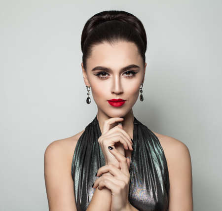 Fashion Portrait of Elegant Young Woman in Black Clothesの写真素材