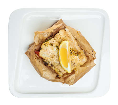 Cod fish fillet. Grill cod fish with vegetable, top view. Healthy Diet Food の写真素材