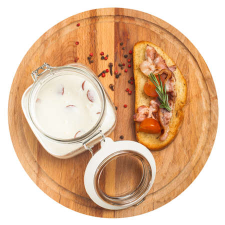Sandwich with Bacon and Soup on Wooden Board Isolated on White, top viewの写真素材