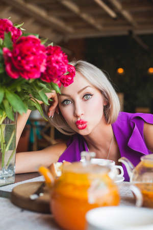 Perfect Young Woman in Street Cafeの写真素材