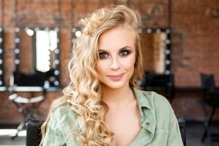 Young Cute Blonde Woman Portrait. Beautiful Female Model Faceの写真素材