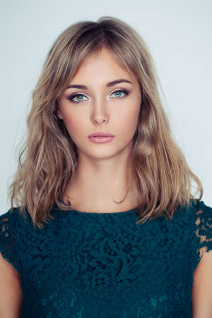 Pretty young woman face, closeup portraitの写真素材