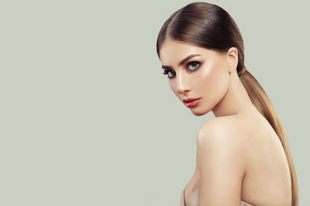 Young Woman with Clear Skin and Long Healthy Hair on Banner Background. Female Face, Back and...