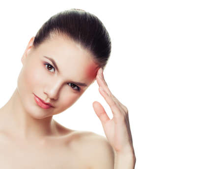 Woman with headache isolated on white backgroundの写真素材