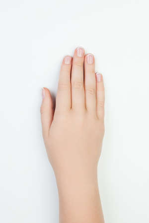 Manicure concept. Beautiful female hand on white backgroundの写真素材