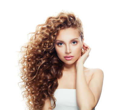 Gorgeous woman with healthy skin isolated on whiteの写真素材
