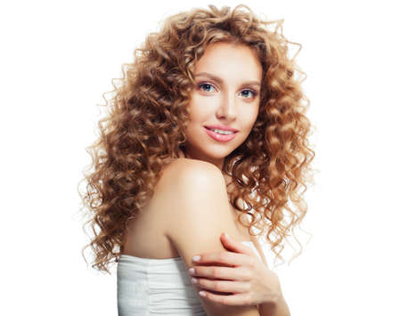 Cute woman with healthy skin and hair isolated on whiteの写真素材