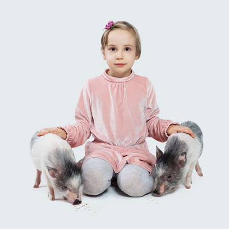 Cheerful little child girl and pigs. Child and petsの写真素材