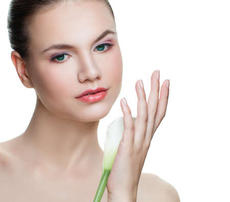 Young woman and calla lily flower isolated, spa beautyの写真素材