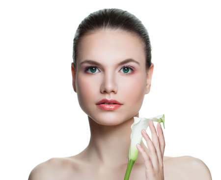 Young beautiful spa model woman isolated on white background. Healthy skin. Facial treatment, cosmetology, beauty, skincare and spa conceptの写真素材