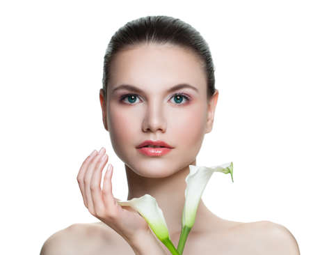 Spa beauty portrait of young woman face isolated on white backgroundの写真素材