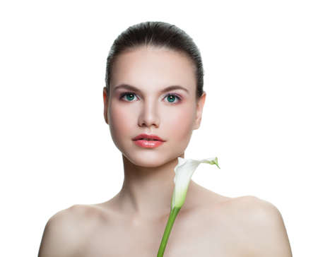 Perfect woman with healthy clear skin isolated on white backgroundの写真素材