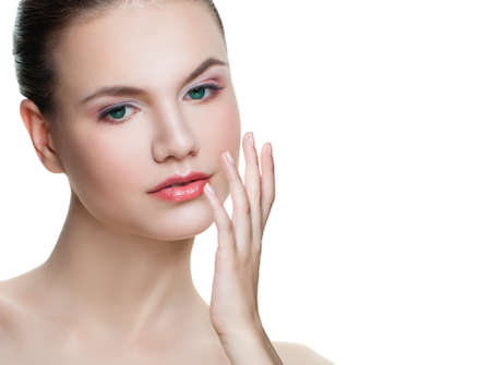 Attractive woman isolated on white background. Facial treatment, cosmetology, beauty, skincare and spa conceptの写真素材
