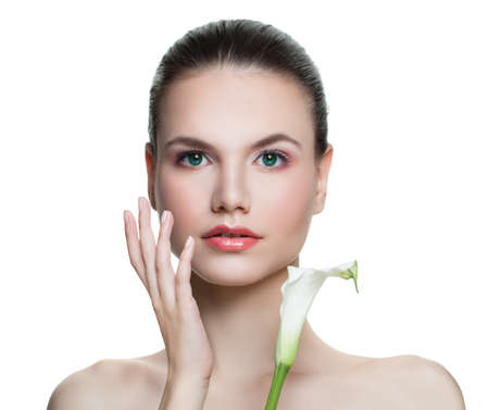 Beautiful woman spa model isolated on white background. Young female face. Facial treatment, cosmetology, beauty, skincare and spa conceptの写真素材