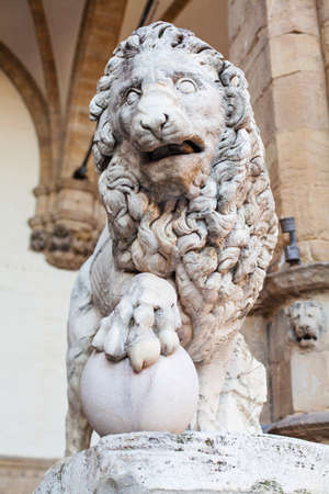Florence lion statue at the Loggia dei Lanzi in Palazzo Vecchio, Florence. Lion Medici, Firenze landmarksの写真素材