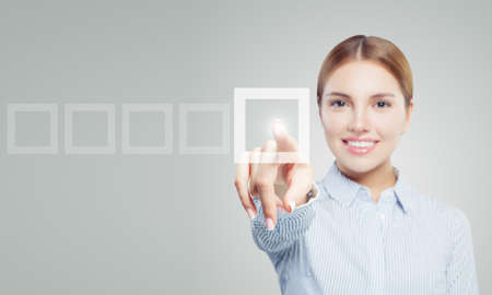 Choice and vote concept with pointing handの写真素材