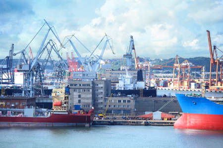 Ships and cargo cranes in Gdansk, Port of Polandの写真素材