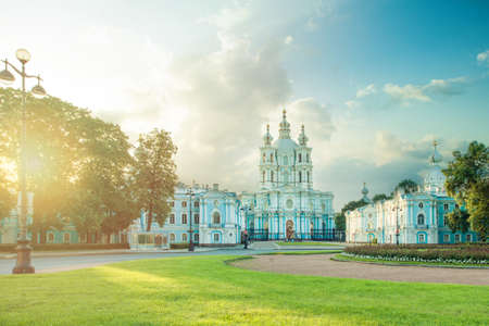 Smolny Resurrection of Christ Cathedral in St. Petersburg. Russia under a blue sky with cloudsの写真素材